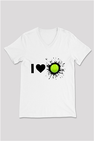 Tenis Beyaz Unisex V Yaka Tişört T-Shirt