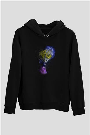 Tenis - Tennis Baskılı Unisex Siyah Kapüşonlu Sweatshirt