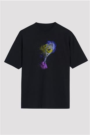 Tenis - Tennis Baskılı Unisex Siyah Oversize Tişört