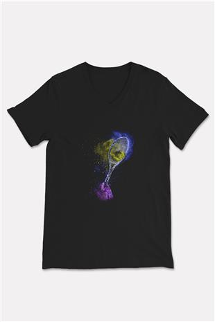 Tenis - Tennis Baskılı Unisex Siyah V Yaka Tişört