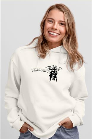 Teracious D Baskılı Beyaz Unisex Kapüşonlu Sweatshirt