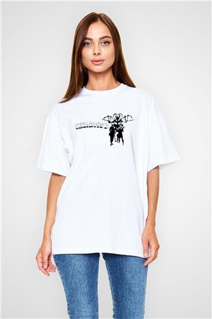 Teracious D Baskılı Beyaz Unisex Oversize Tişört - Tshirt