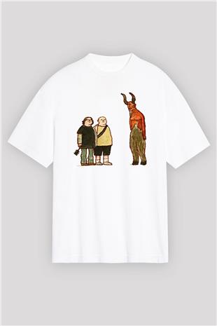 Teracious D Baskılı Beyaz Unisex Oversize Tişört - Tshirt