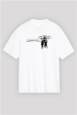 Teracious D Baskılı Beyaz Unisex Oversize Tişört - Tshirt