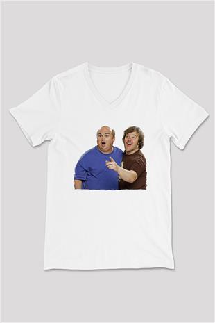 Teracious D Baskılı Beyaz Unisex V Yaka Tişört - Tshirt