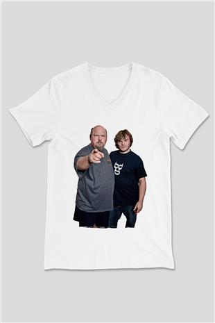 Teracious D Baskılı Beyaz Unisex V Yaka Tişört - Tshirt