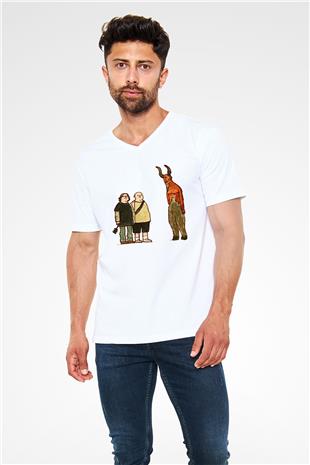 Teracious D Baskılı Beyaz Unisex V Yaka Tişört - Tshirt