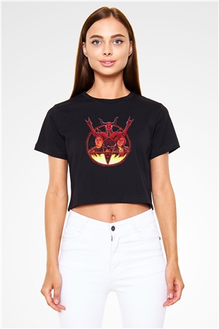 Teracious D Baskılı Siyah Crop Top Kadın Tişört - Tshirt