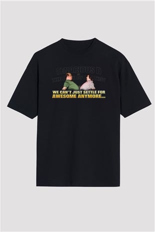 Teracious D Baskılı Unisex Siyah Oversize Tişört - Tshirt