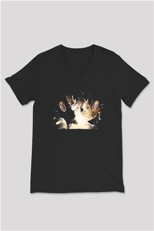 Teracious D Baskılı Unisex Siyah V Yaka Tişört - Tshirt