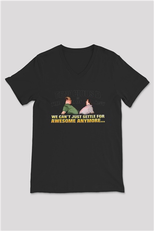 Teracious D Baskılı Unisex Siyah V Yaka Tişört - Tshirt
