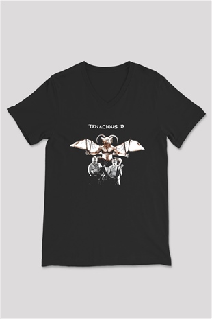 Teracious D Baskılı Unisex Siyah V Yaka Tişört - Tshirt
