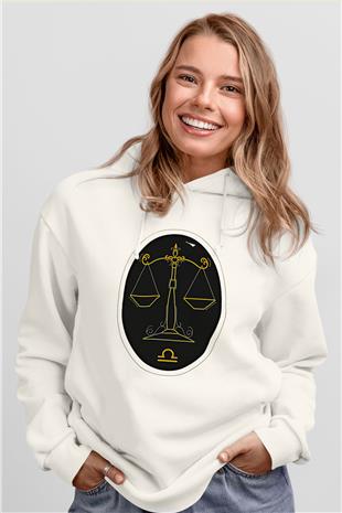 Terazi Burcu Baskılı Beyaz Unisex Hoodie