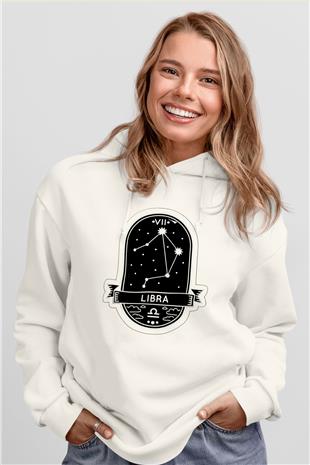 Terazi Burcu Baskılı Beyaz Unisex Hoodie