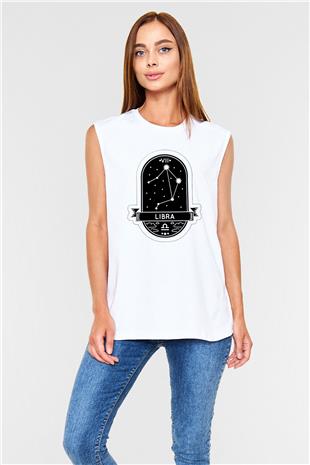 Terazi Burcu Baskılı Beyaz Unisex Kolsuz Tişört - Tshirt