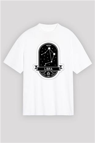 Terazi Burcu Baskılı Beyaz Unisex Oversize Tişört - Tshirt