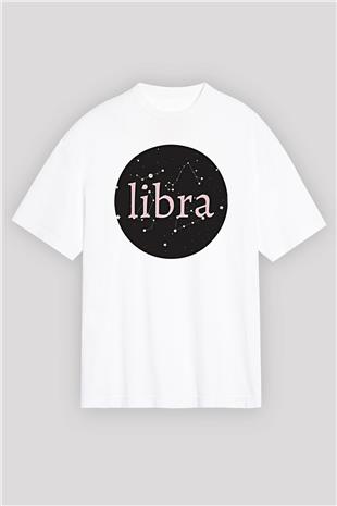 Terazi Burcu Baskılı Beyaz Unisex Oversize Tişört - Tshirt