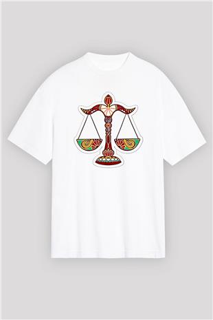 Terazi Burcu Baskılı Beyaz Unisex Oversize Tişört - Tshirt