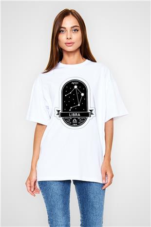 Terazi Burcu Baskılı Beyaz Unisex Oversize Tişört - Tshirt