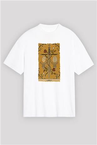 Terazi Burcu Baskılı Beyaz Unisex Oversize Tişört - Tshirt