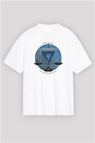 Terazi Burcu Baskılı Beyaz Unisex Oversize Tişört - Tshirt