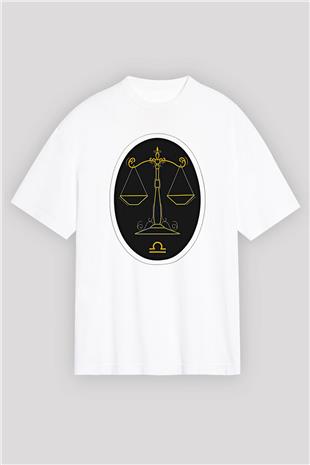 Terazi Burcu Baskılı Beyaz Unisex Oversize Tişört - Tshirt