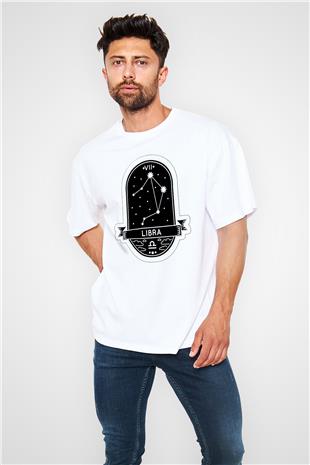 Terazi Burcu Baskılı Beyaz Unisex Oversize Tişört - Tshirt