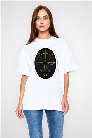 Terazi Burcu Baskılı Beyaz Unisex Oversize Tişört - Tshirt