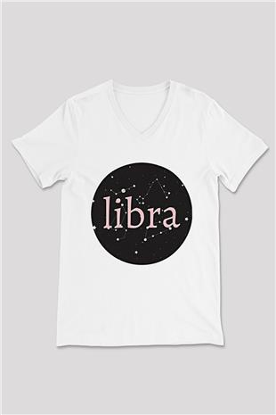 Terazi Burcu Baskılı Beyaz Unisex V Yaka Tişört - Tshirt