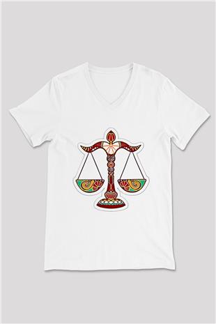 Terazi Burcu Baskılı Beyaz Unisex V Yaka Tişört - Tshirt