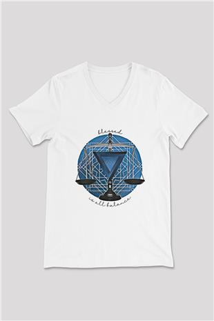 Terazi Burcu Baskılı Beyaz Unisex V Yaka Tişört - Tshirt