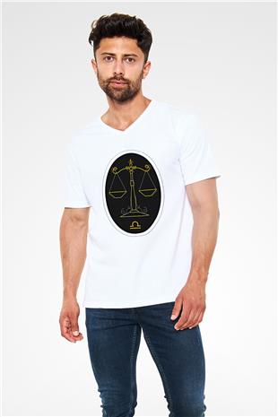 Terazi Burcu Baskılı Beyaz Unisex V Yaka Tişört - Tshirt
