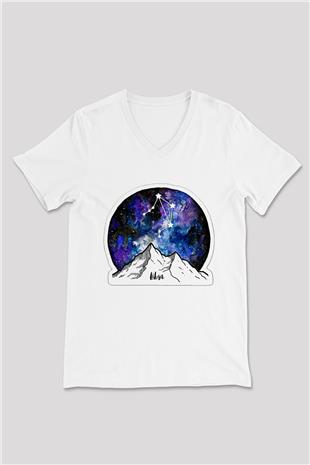 Terazi Burcu Baskılı Beyaz Unisex V Yaka Tişört - Tshirt