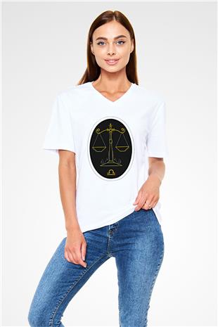 Terazi Burcu Baskılı Beyaz Unisex V Yaka Tişört - Tshirt
