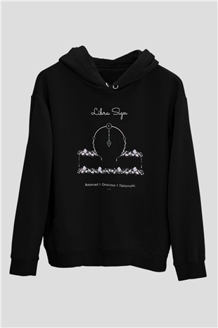 Terazi Burcu Baskılı Unisex Siyah Hoodie