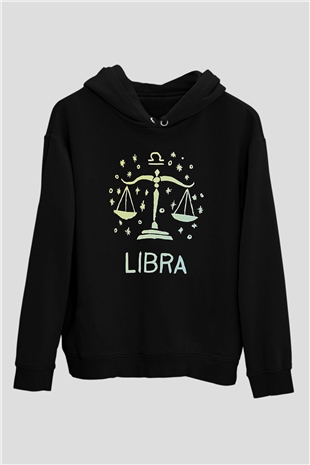 Terazi Burcu Baskılı Unisex Siyah Hoodie