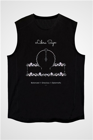Terazi Burcu Baskılı Unisex Siyah Kolsuz Tişört - Tshirt