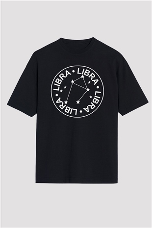 Terazi Burcu Baskılı Unisex Siyah Oversize Tişört - Tshirt