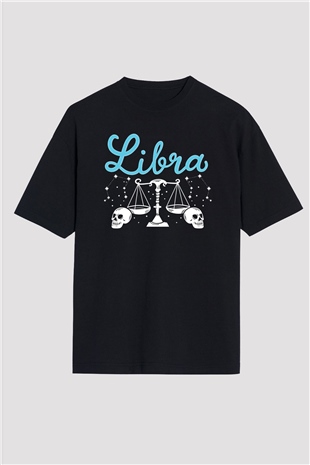 Terazi Burcu Baskılı Unisex Siyah Oversize Tişört - Tshirt