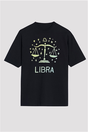 Terazi Burcu Baskılı Unisex Siyah Oversize Tişört - Tshirt