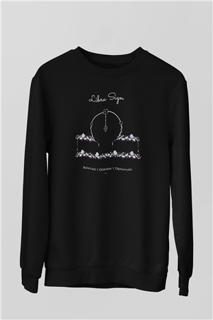 Terazi Burcu Baskılı Unisex Siyah Sweatshirt