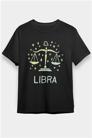 Terazi Burcu Baskılı Unisex Siyah Tişört - Tshirt