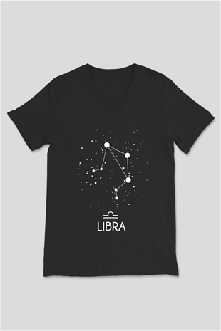 Terazi Burcu Baskılı Unisex Siyah V Yaka Tişört - Tshirt