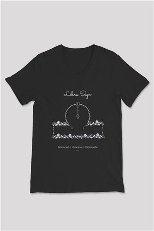 Terazi Burcu Baskılı Unisex Siyah V Yaka Tişört - Tshirt