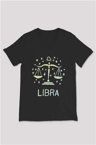Terazi Burcu Baskılı Unisex Siyah V Yaka Tişört - Tshirt