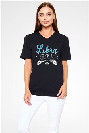 Terazi Burcu Baskılı Unisex Siyah V Yaka Tişört - Tshirt