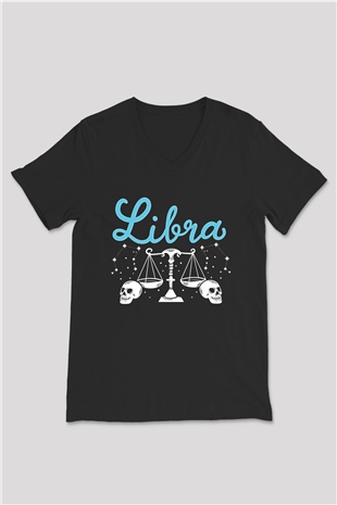 Terazi Burcu Baskılı Unisex Siyah V Yaka Tişört - Tshirt