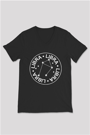 Terazi Burcu Baskılı Unisex Siyah V Yaka Tişört - Tshirt