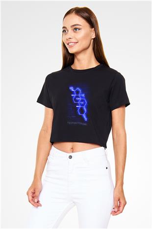 Testosteron Molekülü Neon Baskılı Crop Top Kadın Tİşört - Tshirt