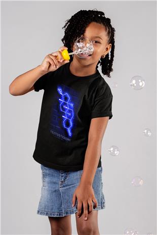 Testosteron Molekülü Neon Baskılı Unisex Siyah Çocuk Tişörtü - Tshirt